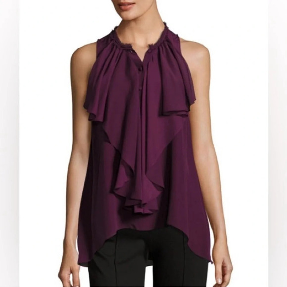 Alice + Olivia Tops - Alice + Olivia Silk Elisa High Neck Wine Merlot Ruffle Sleeveless Top Women’s XS